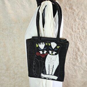 Vintage Handmade Beading Kitty Cats Mini Handbag